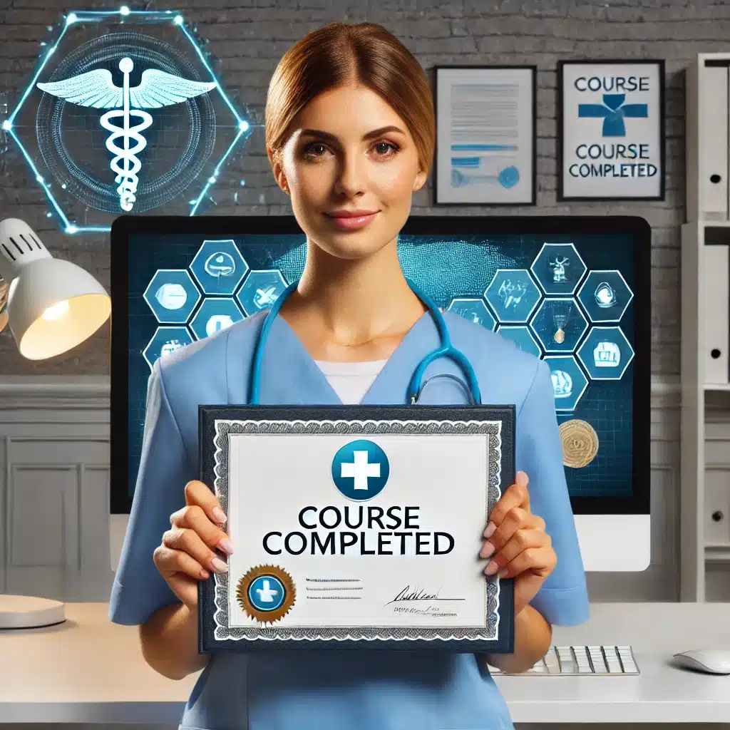 Enfermera mostrando un certificado de finalización de curso, resaltando el valor de las certificaciones profesionales en Cursos de Enfermería Online.